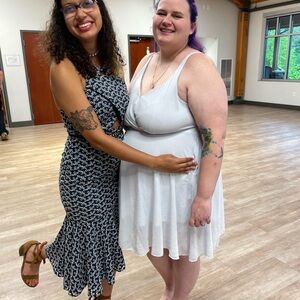 Keepsake navy blue and white eyelet embroidered asymmetrical dress